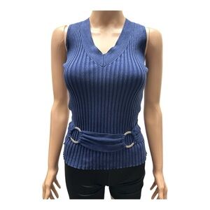 Tracy M - EC - Ribbed Blue Sleeveless Top with Belt
